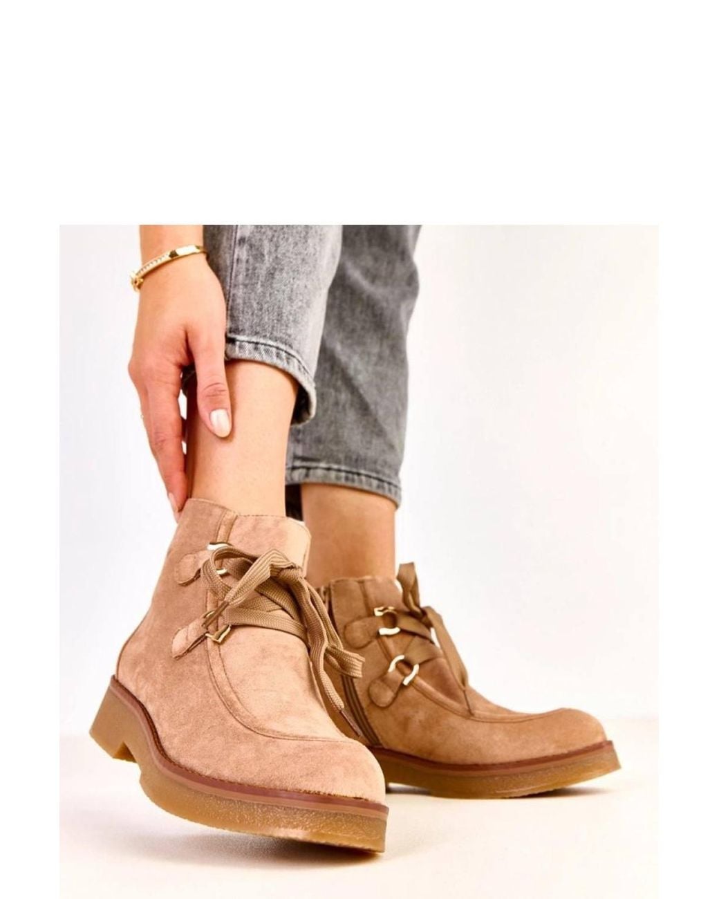 KDMD Natural Insulated Suede Like Ankle Boots With Side Zipper & Laces