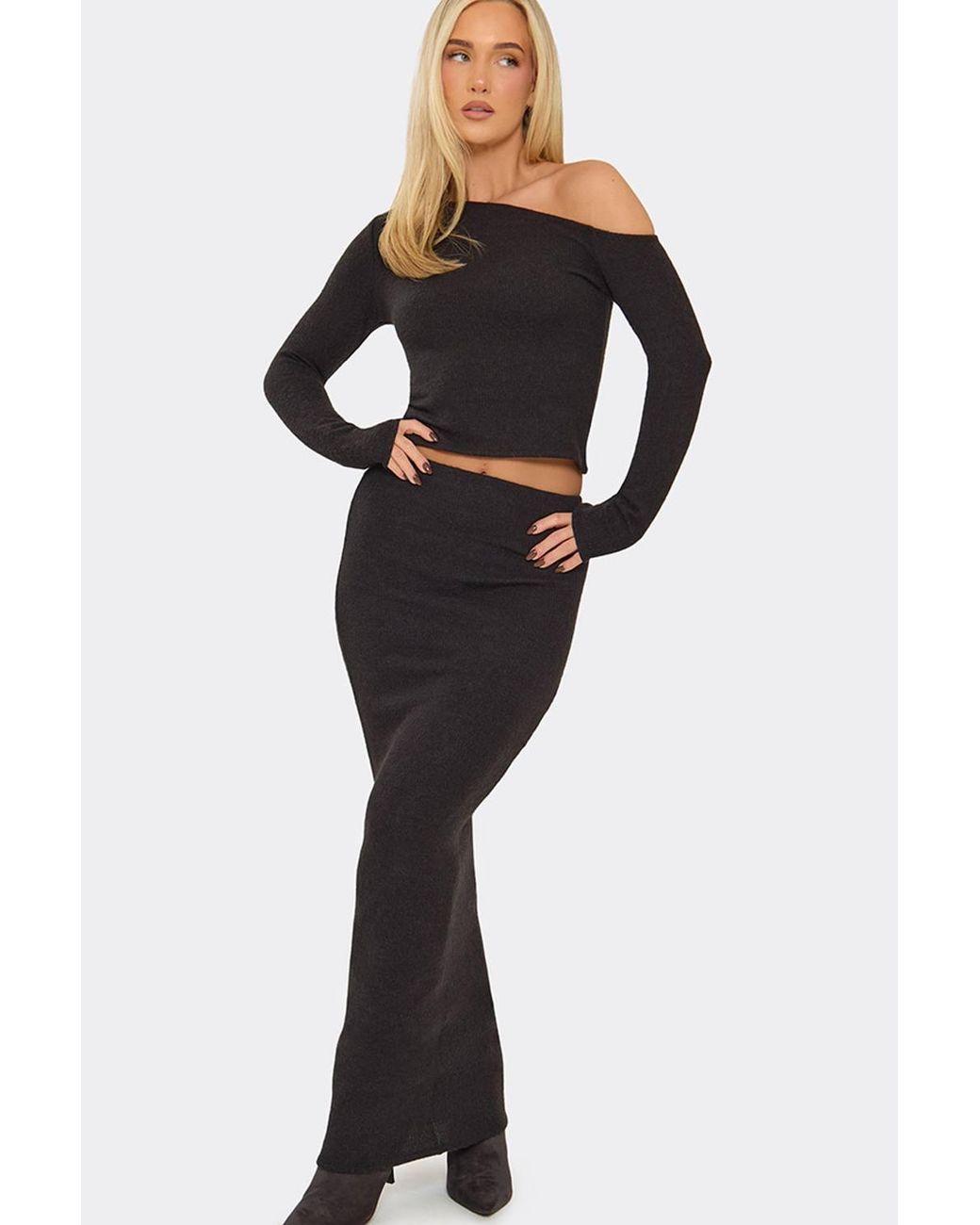 EGO Black Ribbed Low Rise Maxi Skirt