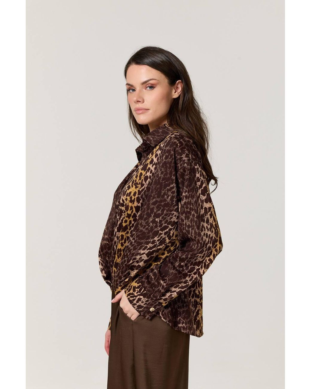 Liquorish Brown Mixed Animal Print Satin Shirt