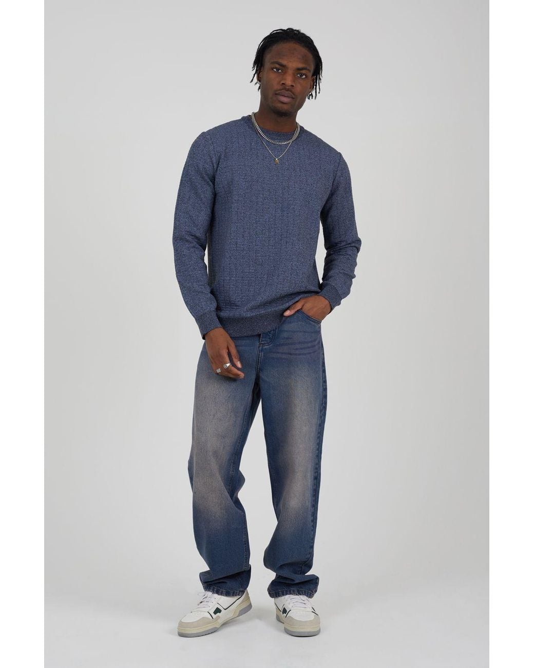 Brave Soul Blue Crew Neck Jaquard Knit Jumper for men
