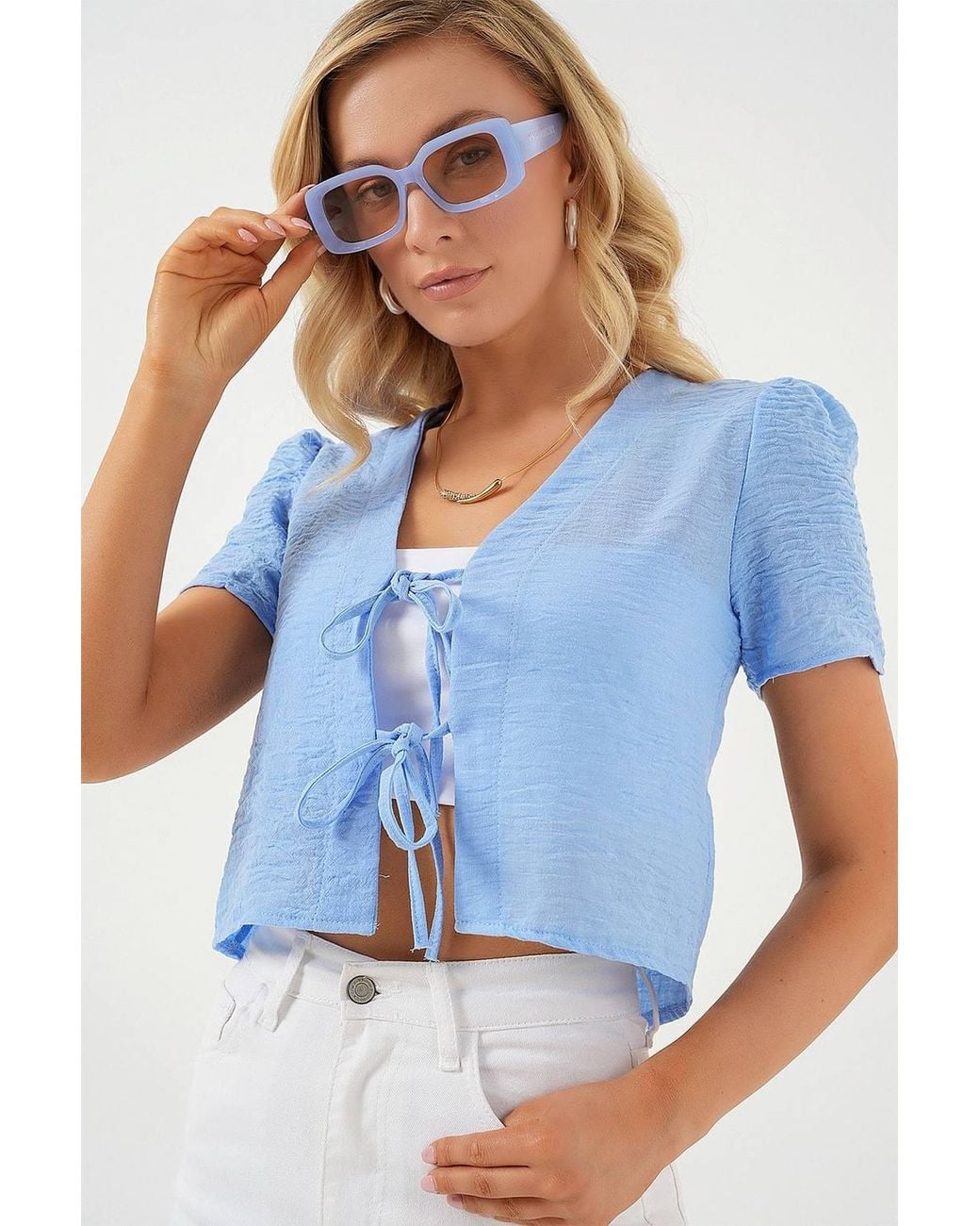 Bigdart Blue Textured V-Neck Linen Blend Crop Top