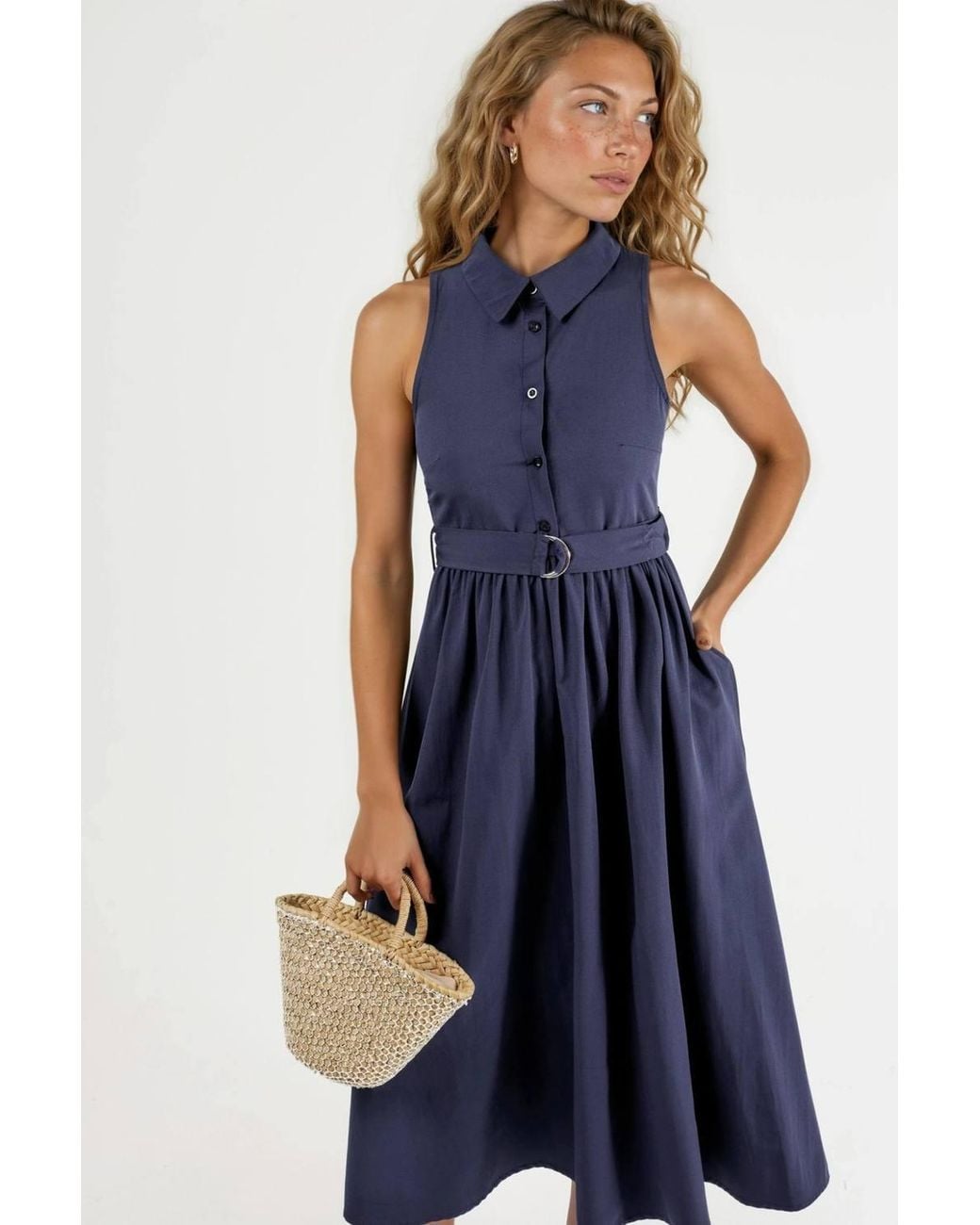 Busem Blue Belted Shirt Collar Midi Dress