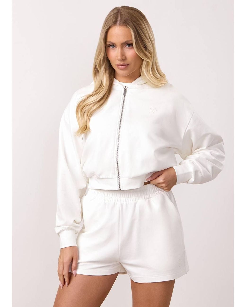 Gym King White Cropped Full Zip Hoodie Lightweight Loopback