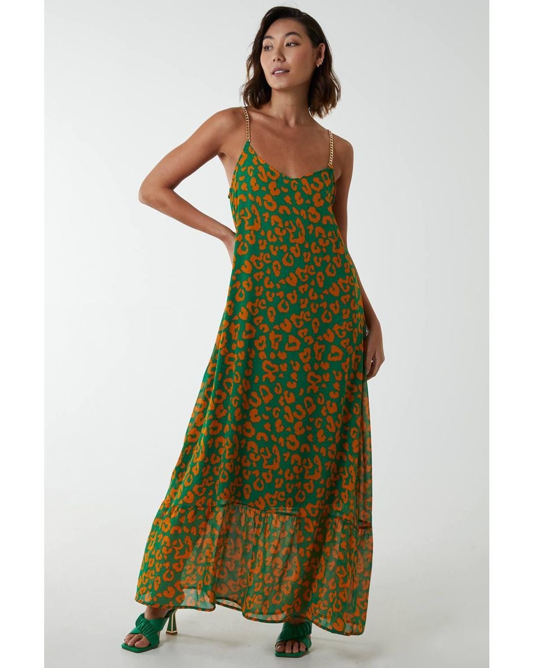 Blue Vanilla Green Chain Strap Leopard Dress