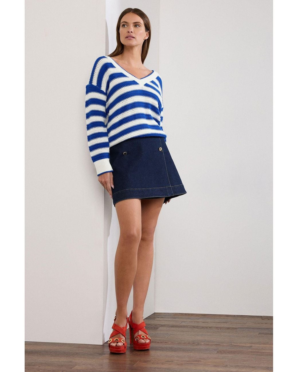 Star by Julien MacDonald Blue Knitted Stripe V-Neckline Jumper
