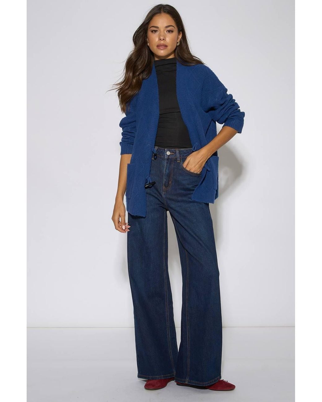 Gini London Blue Textured Button Detail Long Sleeves Cardigan