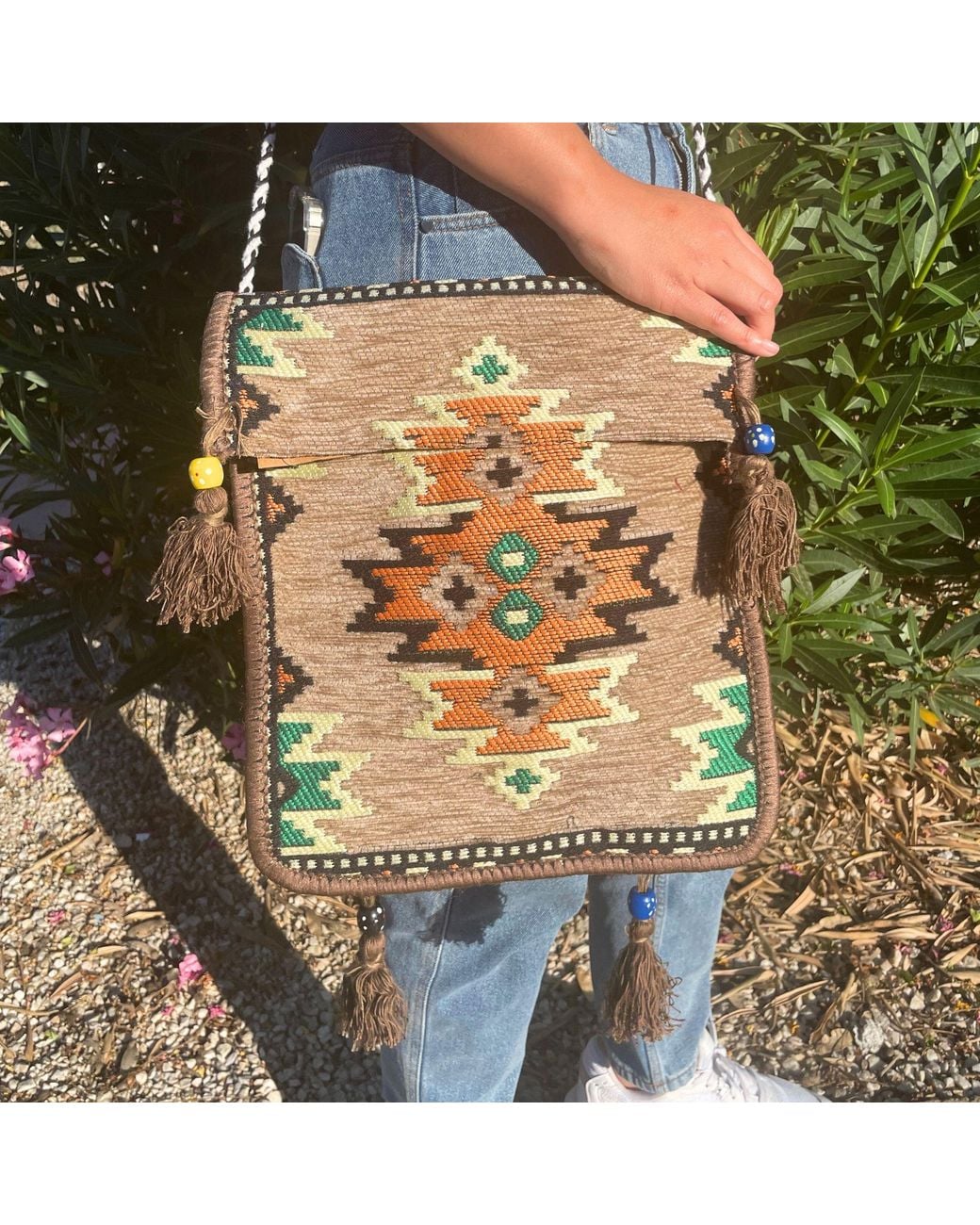 KDMD Metallic Biege Kilim Messenger Festival Bag