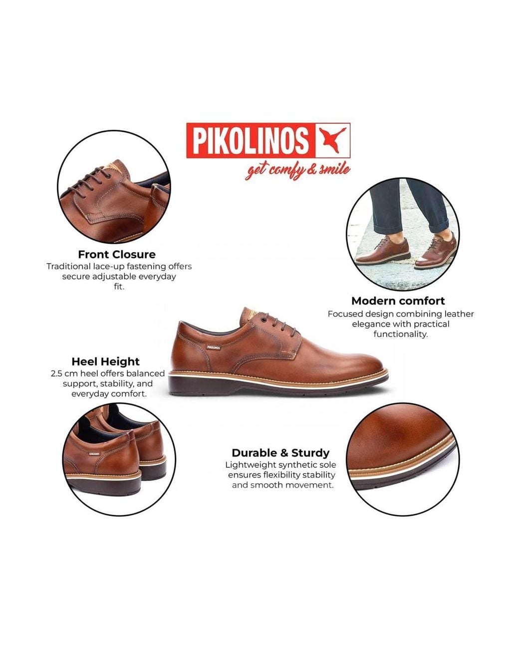 Infinity Leather Brown Pikolinos Leather Lace-Up Derby Comfort Shoes for men