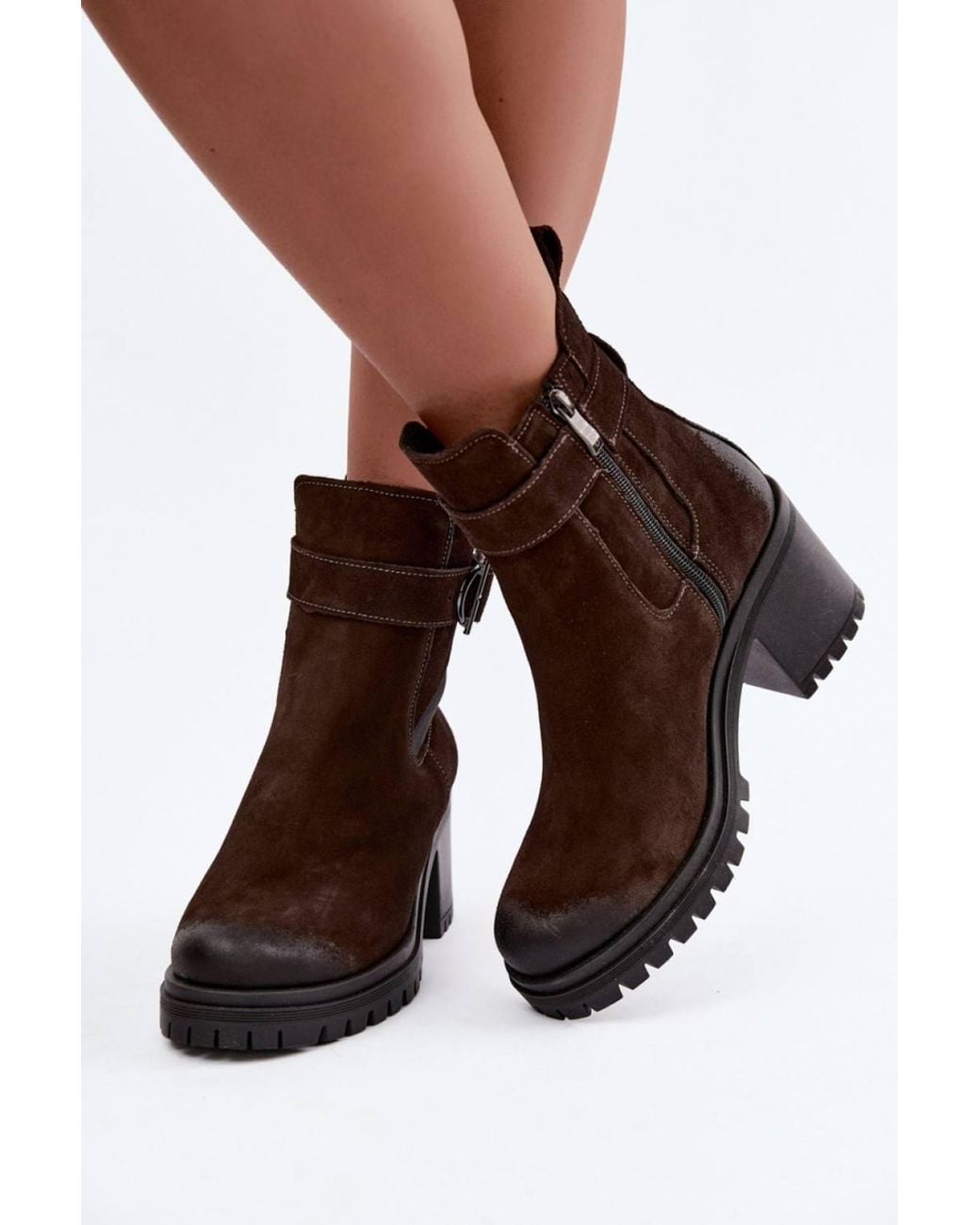 Love Lace Brown Winter Chunky Suede Biker Boots With Zip