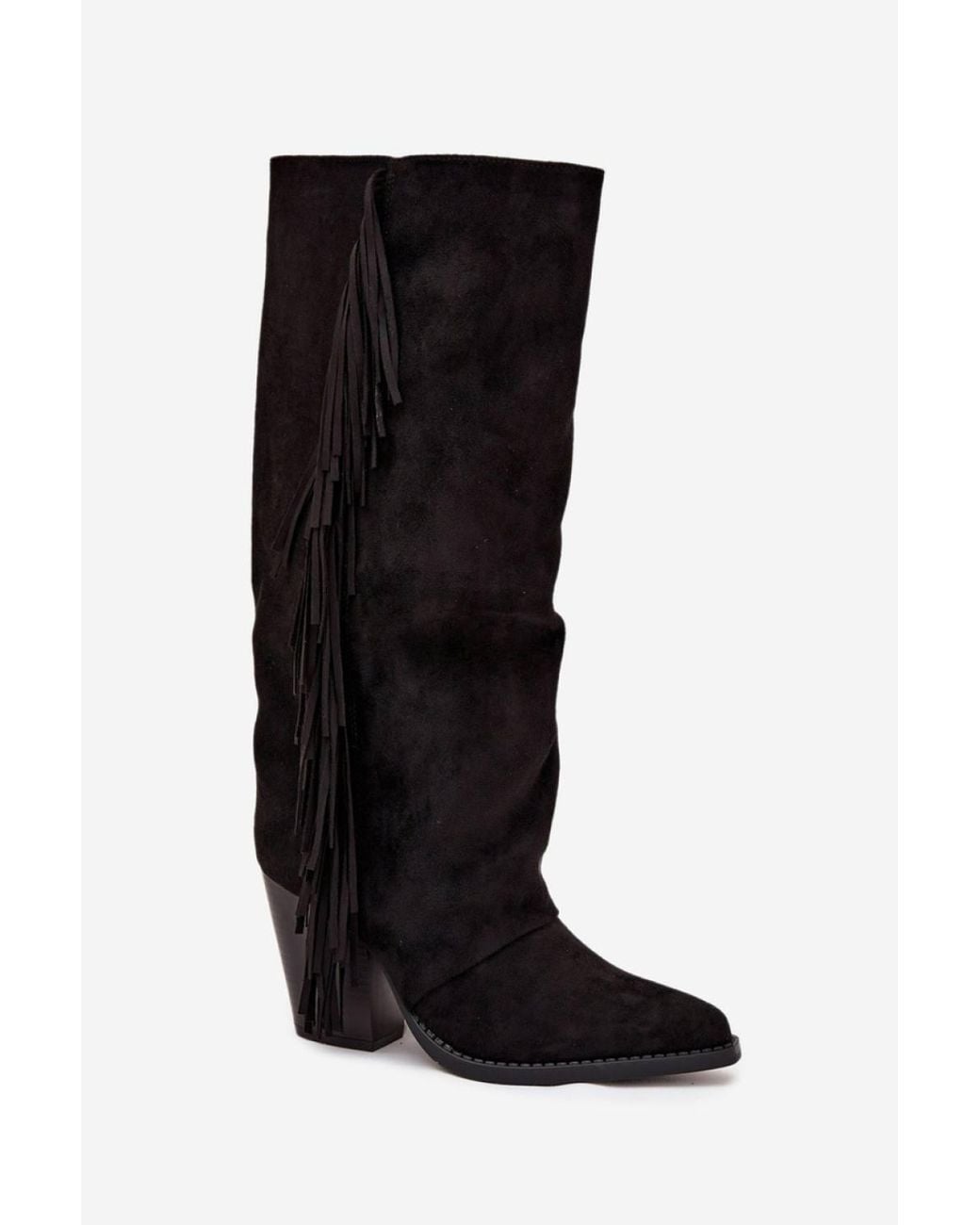 Love Lace Black Faux Suede Cowboy Heel Boots With Side Fringe & Zip Closure