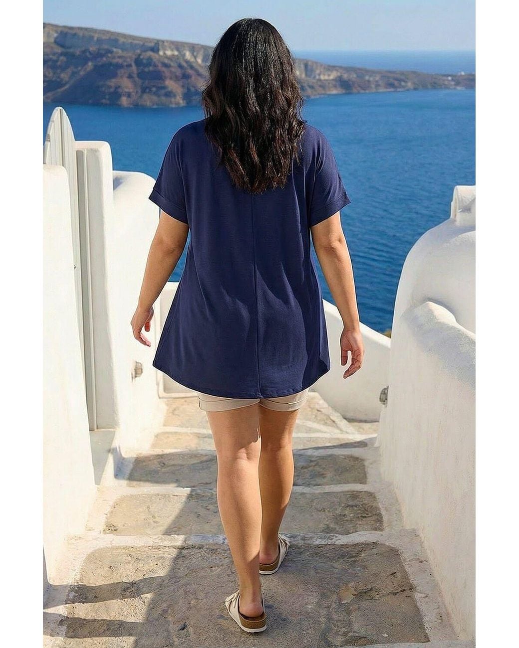 Roman Blue Curve Plain Pleat Front Tunic Stretch Top