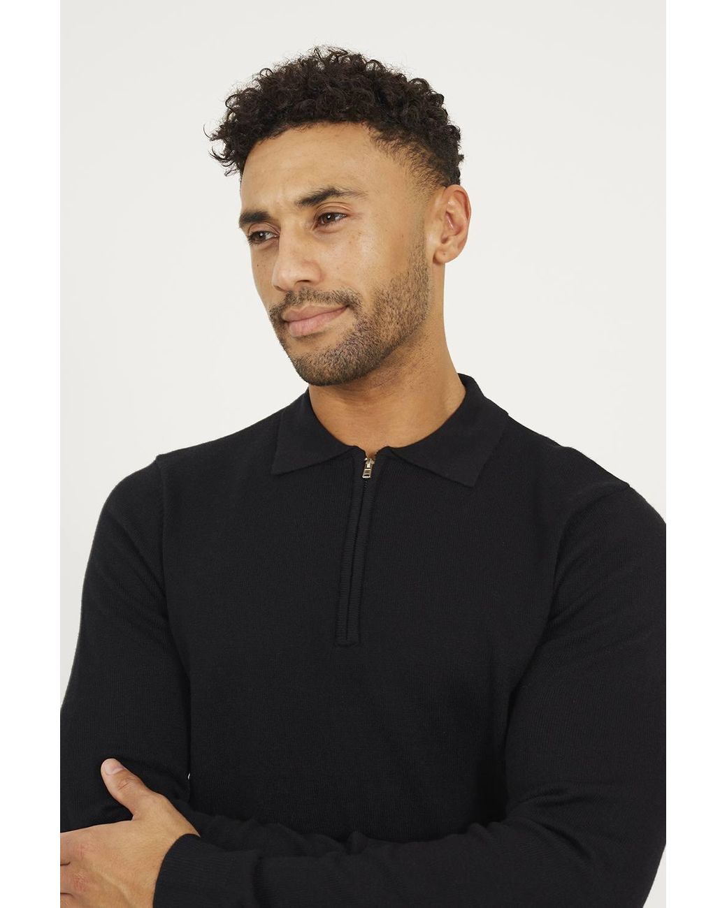 Brave Soul Black Long Sleeve Knitted Polo for men