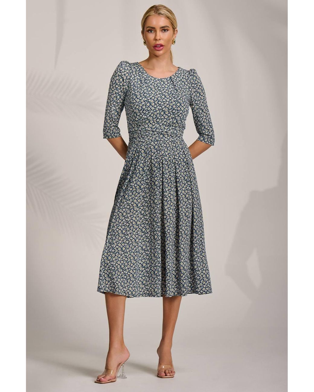 Jolie Moi Gray Sleeve Printed Jersey Midi Dress