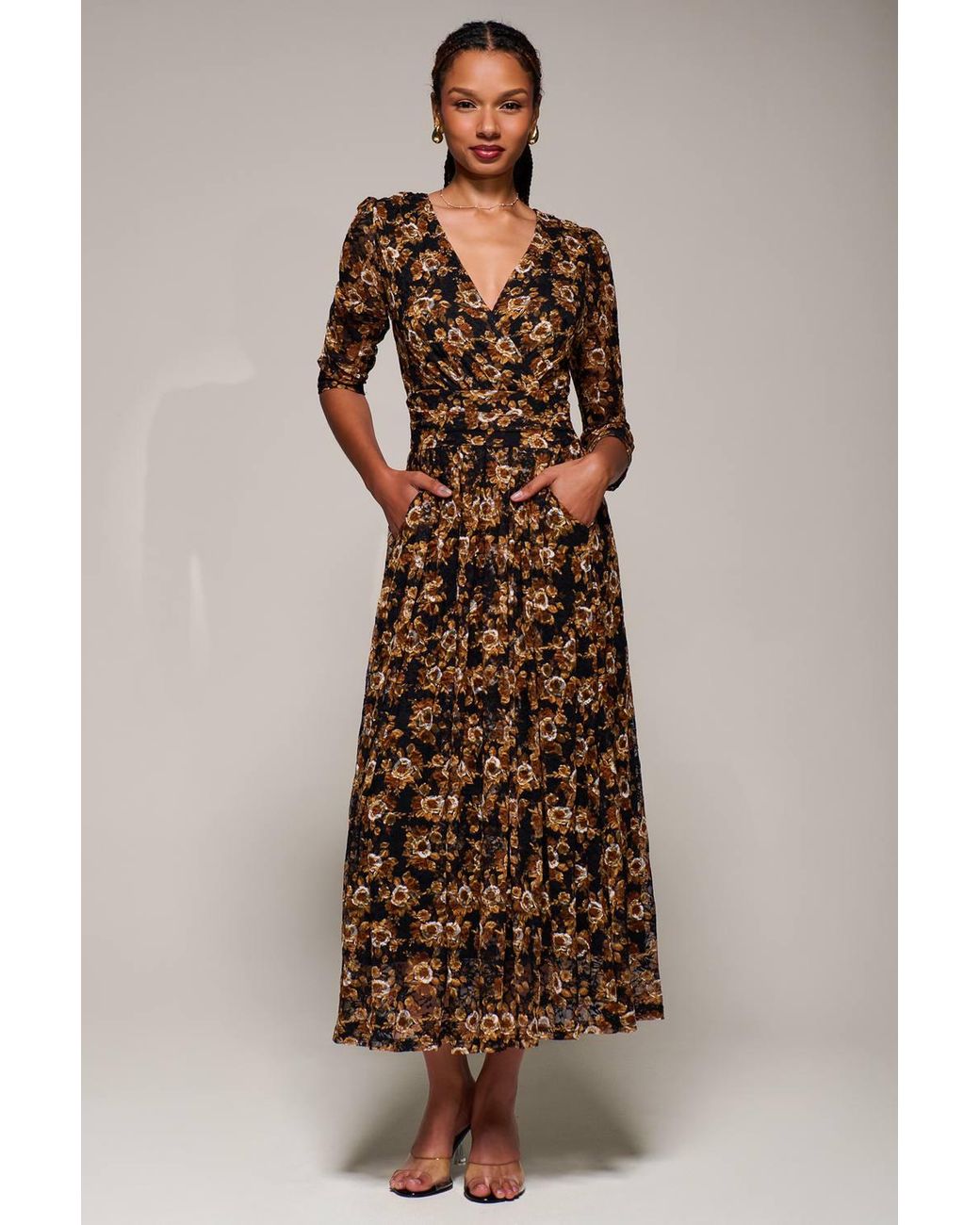 Jolie Moi Brown Three Quarter Sleeve Printed Lace Maxi Dress
