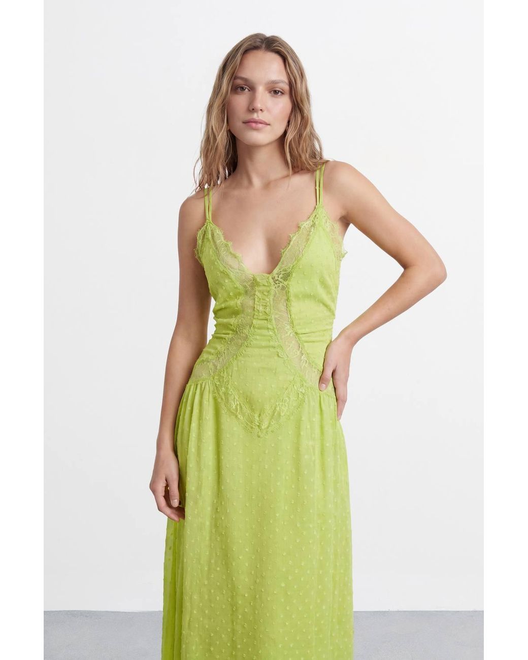 Warehouse Green Dobby Chiffon Lace Cutwork Maxi Dress