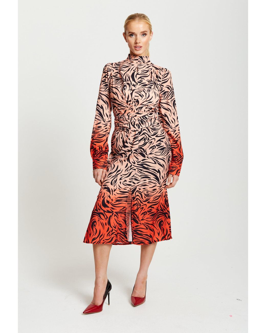 Liquorish Red Zebra Print Midi Dress With High Neck & Draped Waist Detail