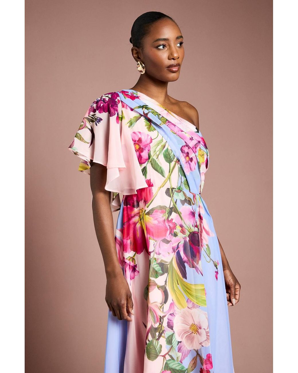 Coast Blue One Shoulder Floral Printed Chiffon Dress
