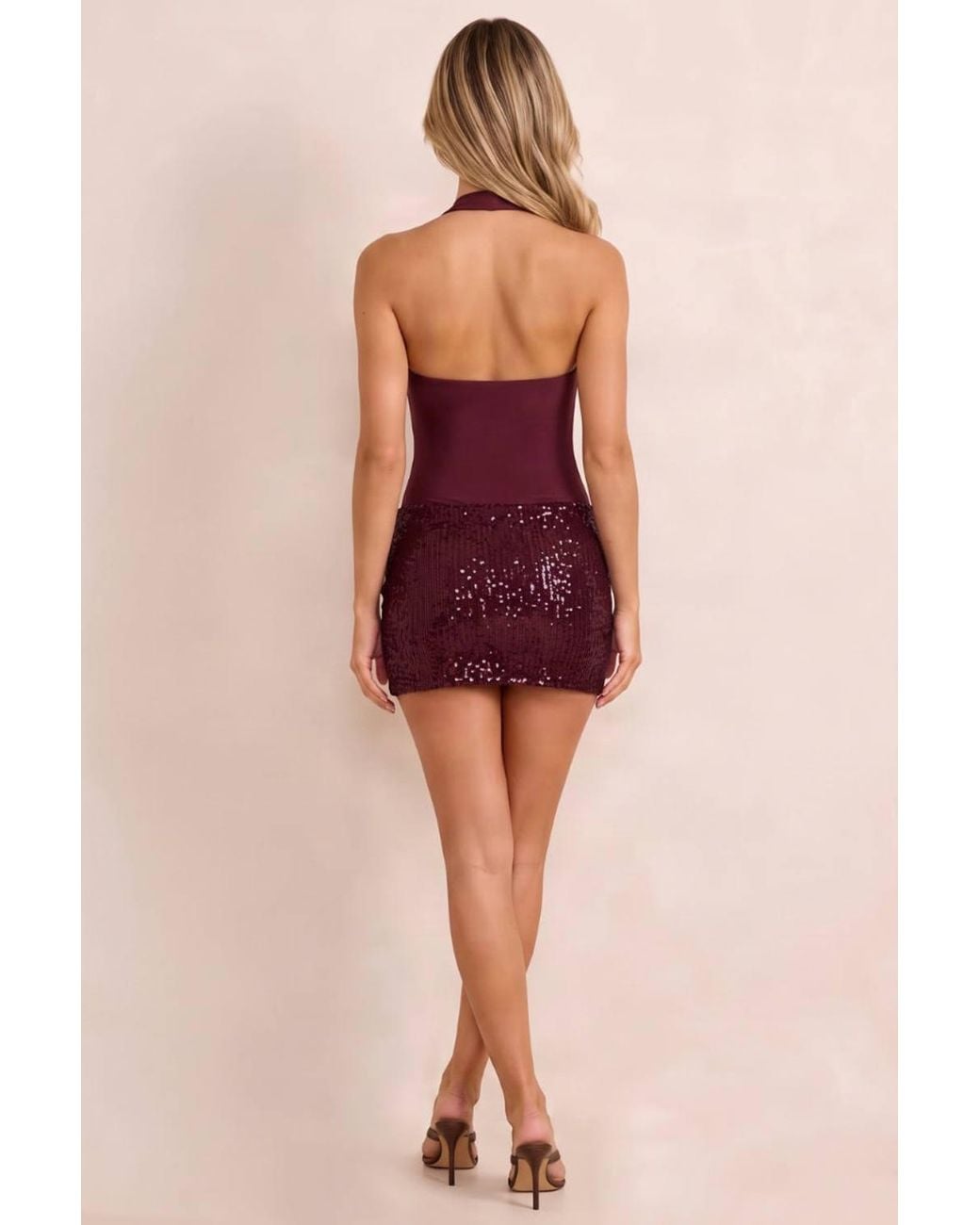 Rebellious Fashion Red Thea Slinky Cross Front Halter Sequin Skirt Mini Dress