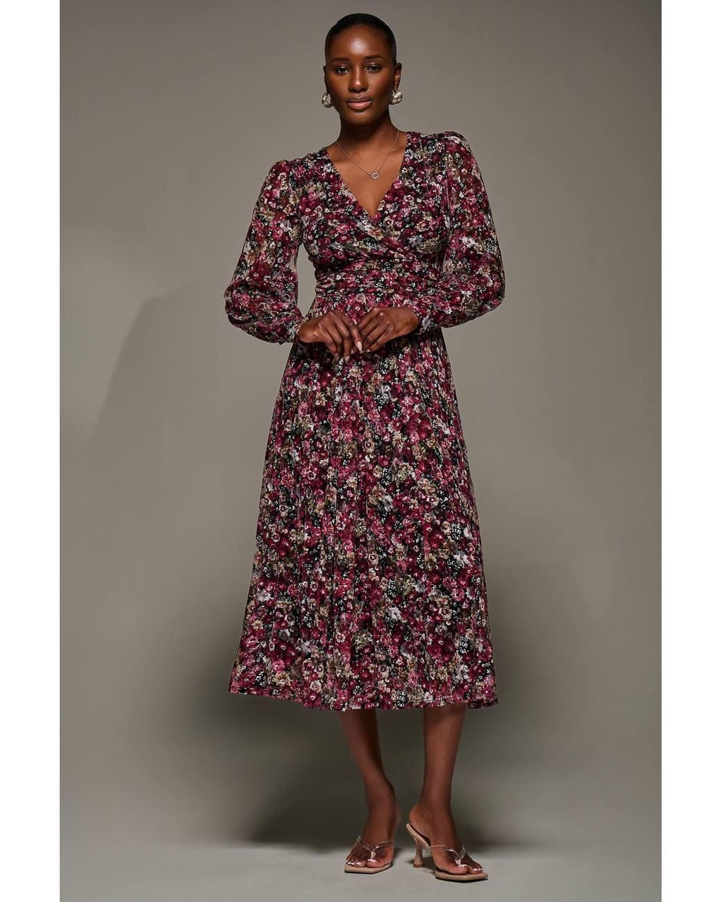Jolie Moi Brown Long Sleeve Printed Lace Maxi Dress