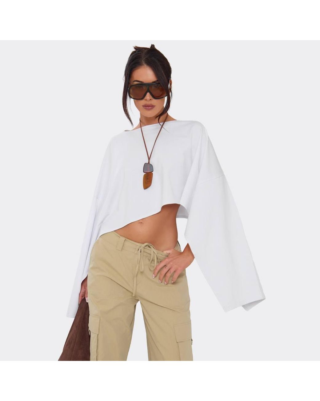 EGO White Long Sleeve Asymmetric Hem Top