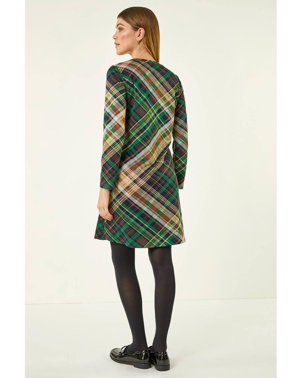 Roman Green Check Print Swing Pocket Dress