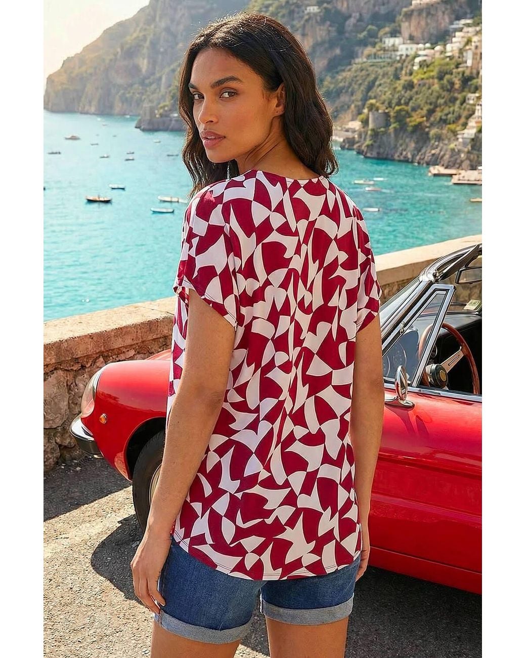 Roman Red Abstract Print V-Neck Stretch Top