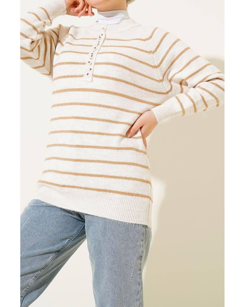 Bigdart Natural Striped Knit Sweater With Button Closure