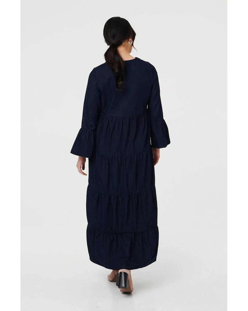 Izabel London Blue Tiered Long Sleeve Relaxed Maxi Dress