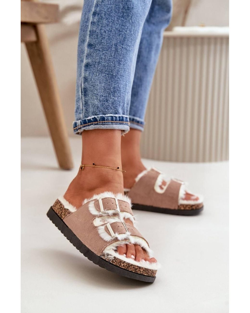 Love Lace Blue Adjustable Strap Faux Fur Platform Slippers For Comfort
