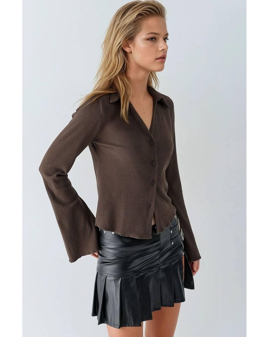 Hiccup Black Long Sleeve Textured Blouse With Button Closure