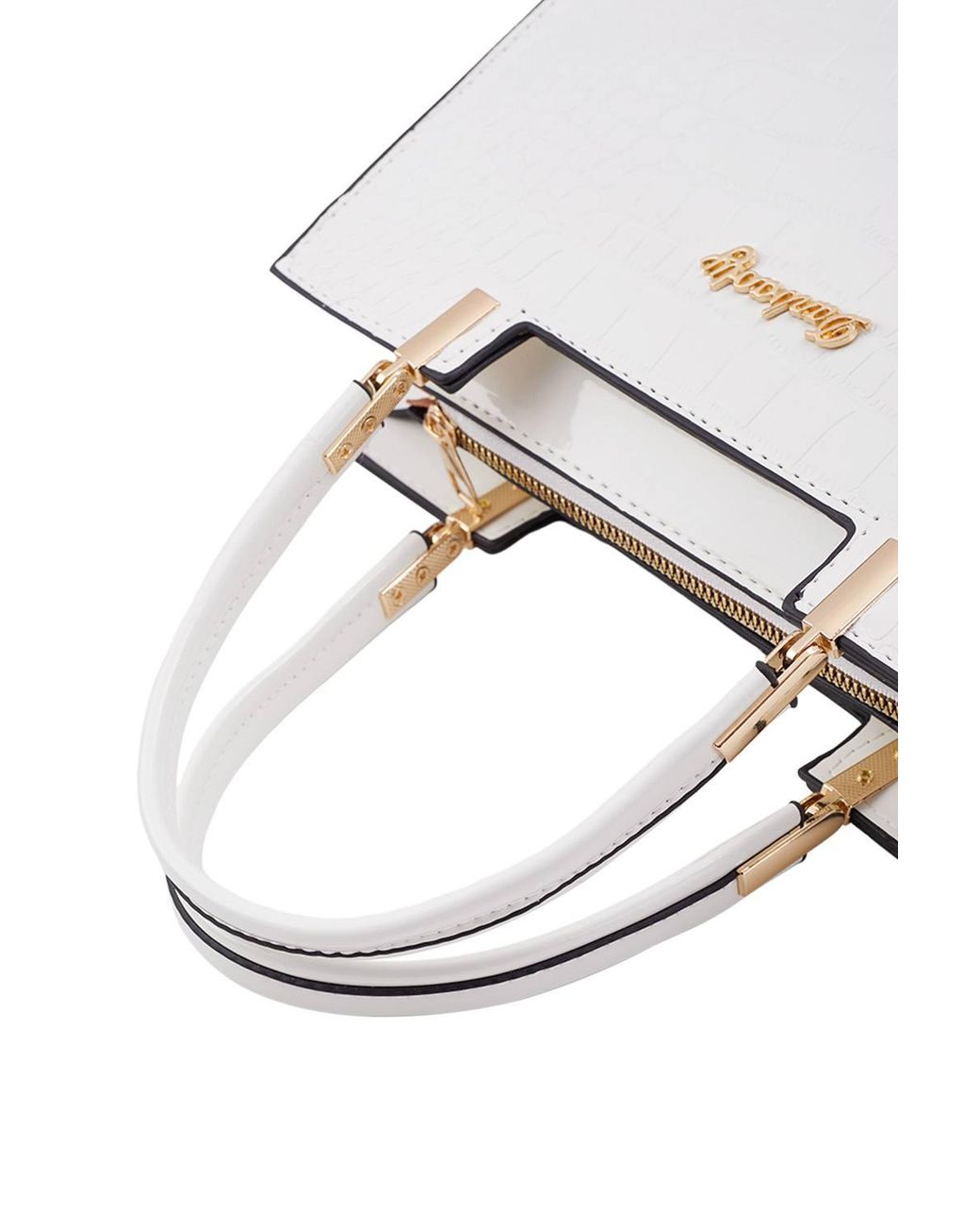 MODISHION White Glossy Pu Croc-Embossed Handbag With Crossbody Strap