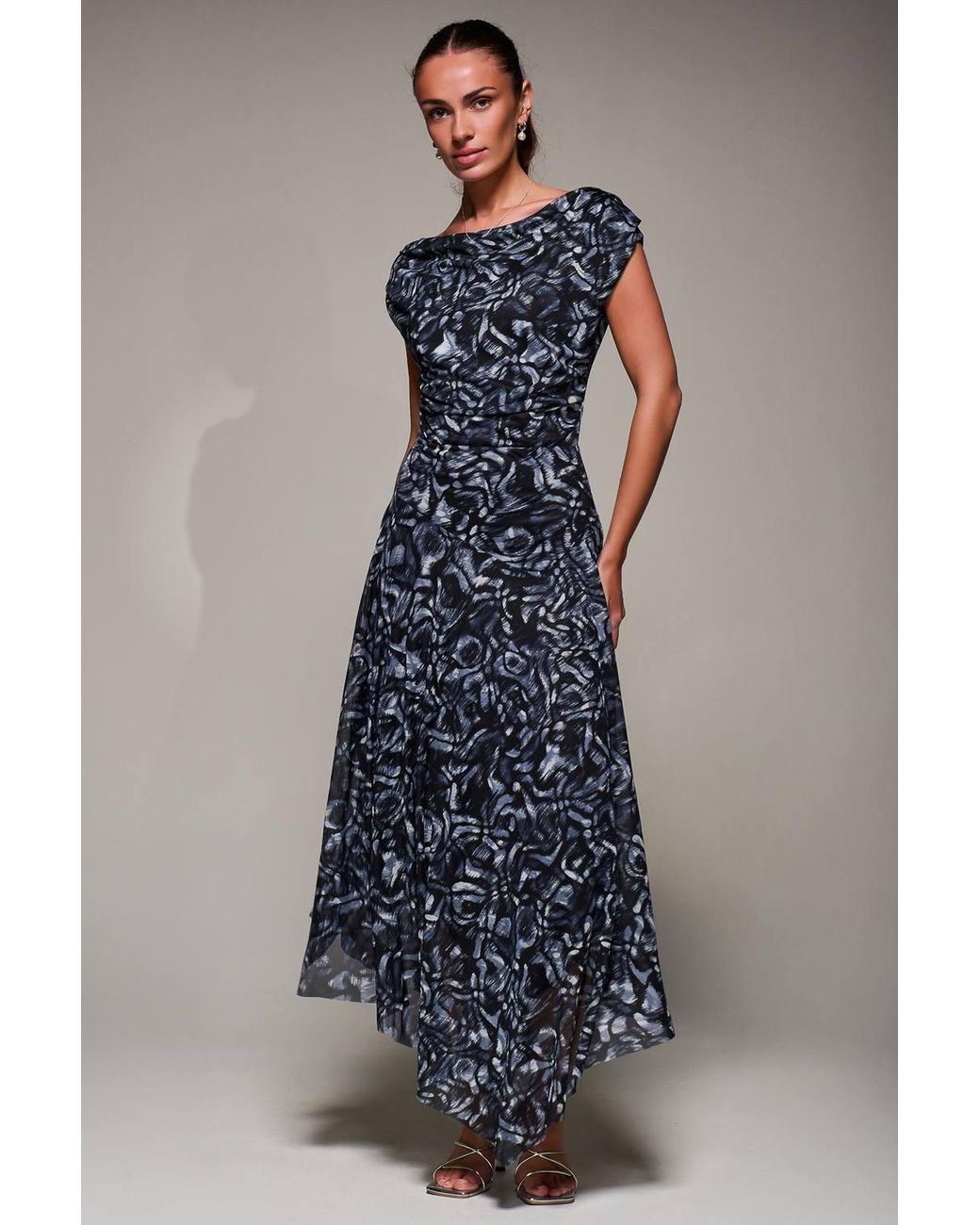 Jolie Moi Blue Mesh Asymmetrical Draped Maxi Dress