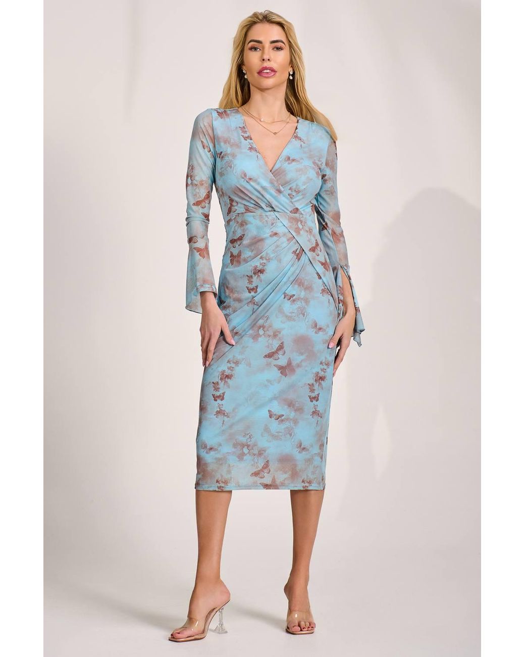 Jolie Moi Blue Long Sleeve Mesh Bodycon Dress