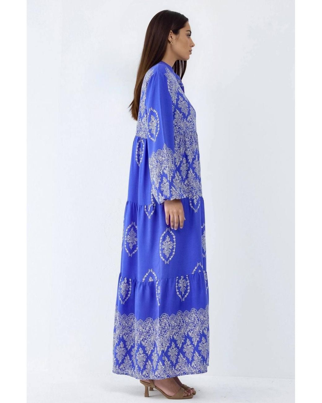 Hiccup Blue V-Neck Patterned Maxi Dress With Button Closure