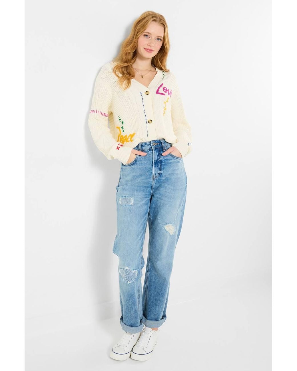 Joe Browns Natural Oversized Embroidered Cable Knit Cardigan