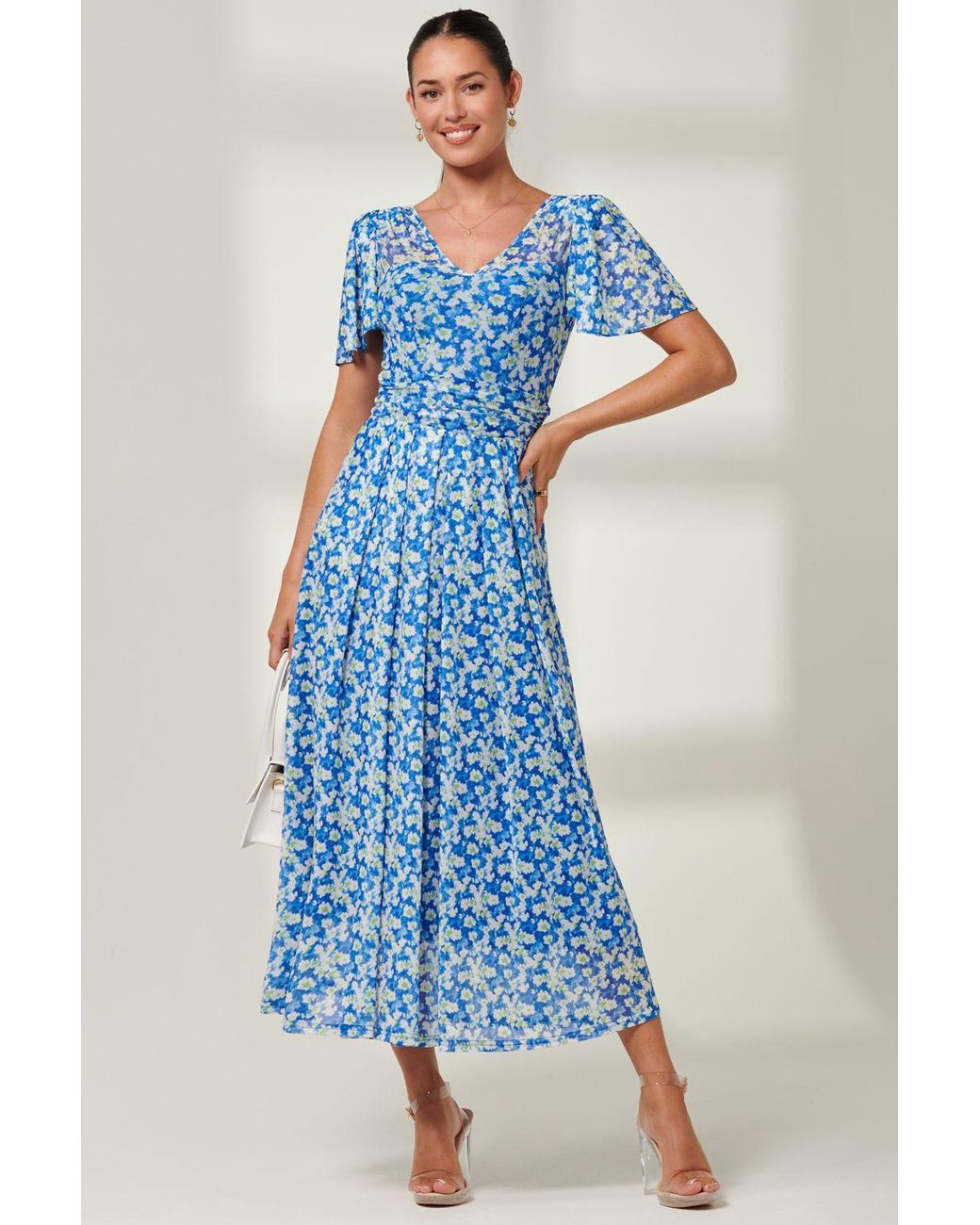 Jolie Moi Blue Bianca V-Neck Pleated Mesh Maxi Dress