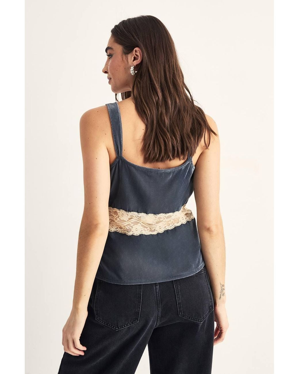 Nasty Gal Blue Velvet Lace Insert Button Detail Cami Top