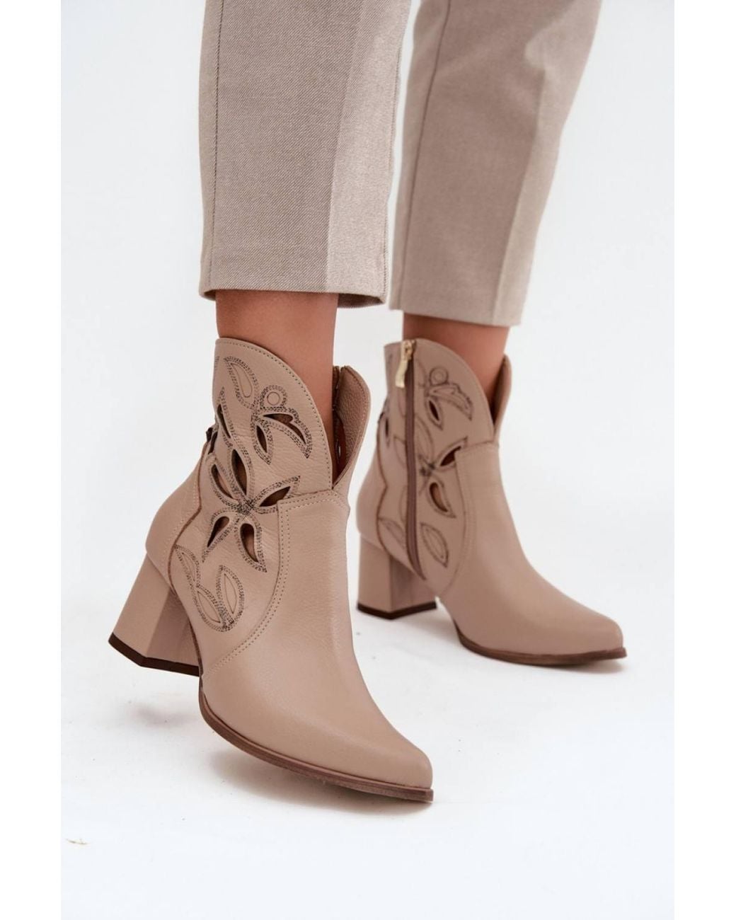 Love Lace Natural Everyday Pointed Toe Heeled Boots With Zip