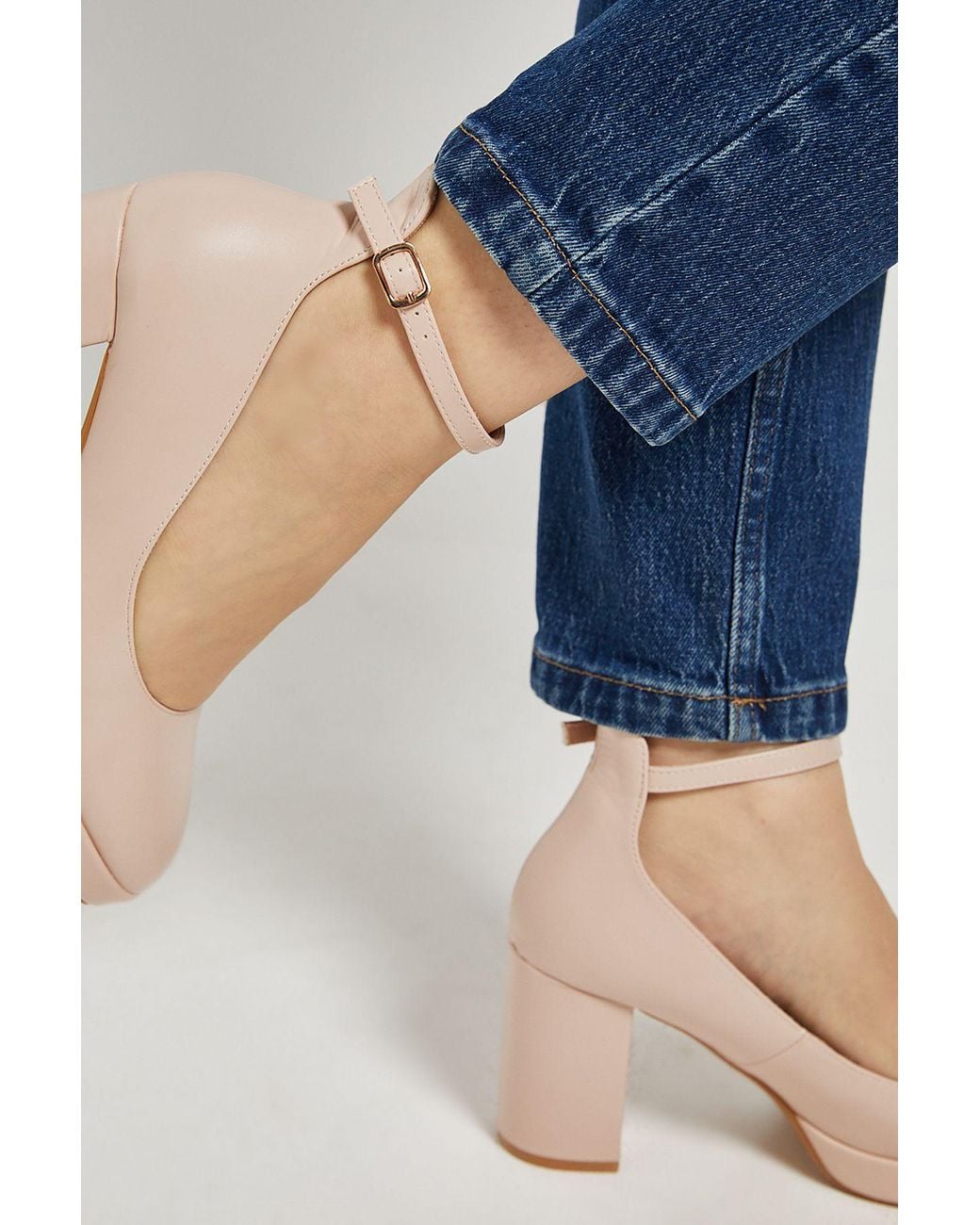 Dorothy Perkins Blue Vanessa Faux Leather Platform Ankle Strap High Block Heel Court Shoes