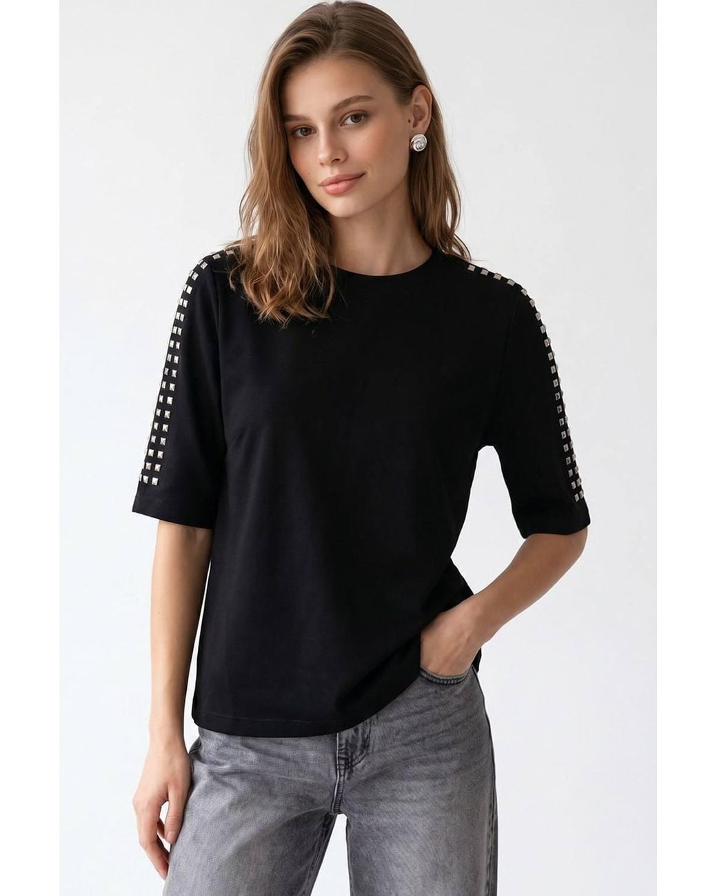 MixRay Black Crew Neck Stone Blouse