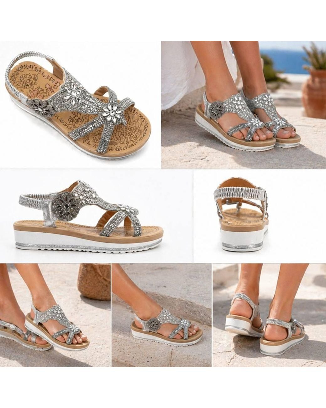 LARANGE Metallic Rhinestone Sandals Elastic Back Sparkly Flat Shoes