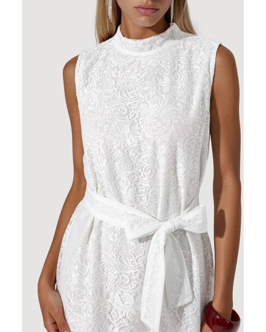 Msn-Collection White Belted High Neck Lace Mini Dress