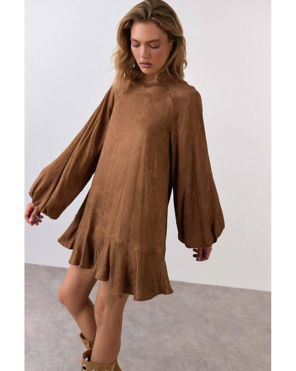 Warehouse Brown Jacquard Blouson Sleeve Mini Dress