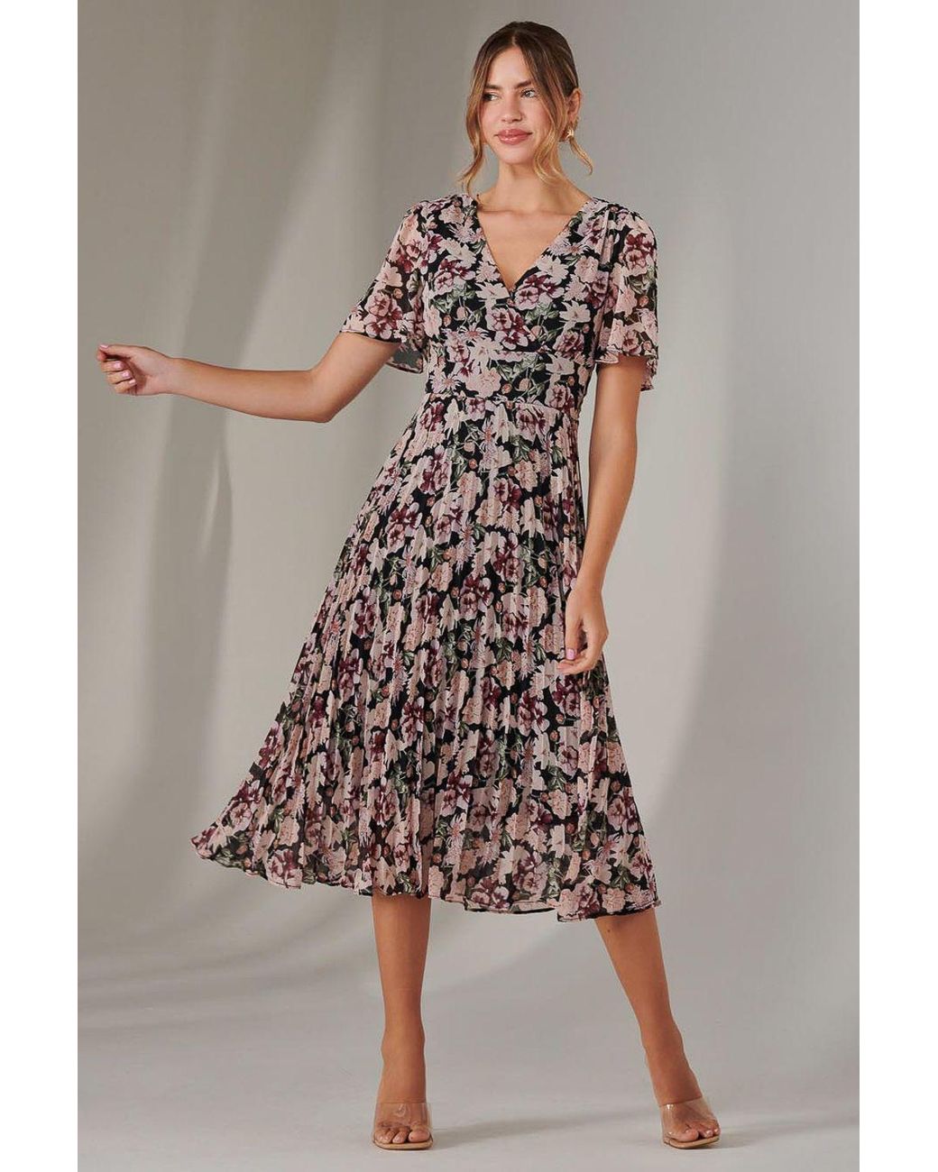 Jolie Moi Black Chiffon Pleated Wrap Midaxi Dress