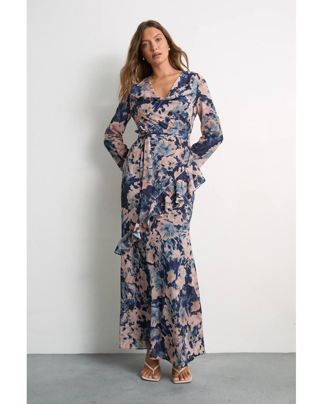Warehouse Multicolor Long Sleeve Cowl Neck Floral Print Ruffle Detail Maxi Dress
