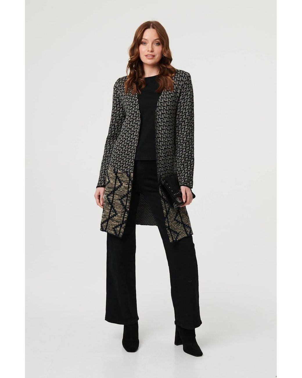 Izabel London Black Geo Print Longline Open Front Jacket