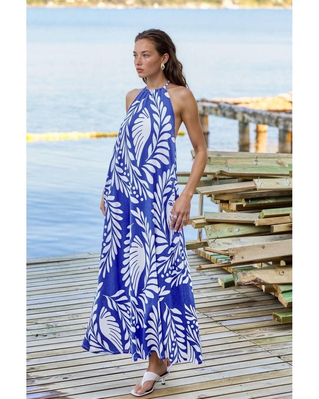 Hiccup Blue Patterned Halter Neck Maxi Dress