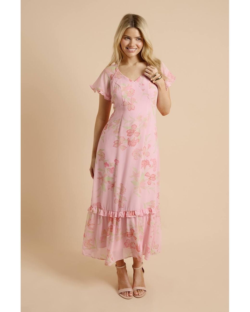 Dorothy Perkins Pink Dp Luxe Printed Flutter Raglan Sleeve Midi Dress