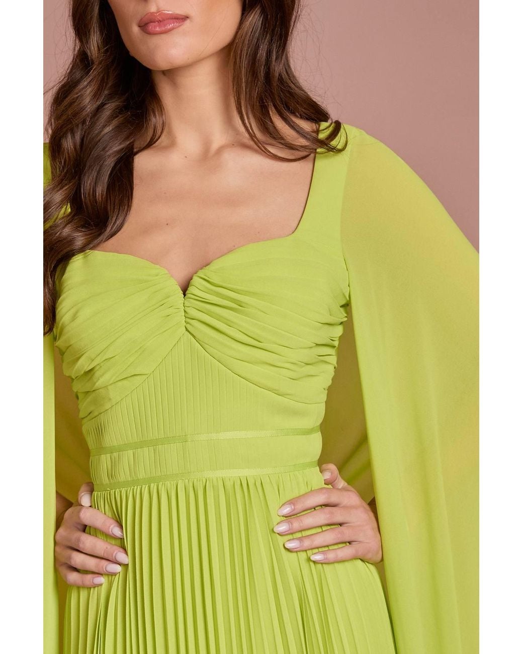 Coast Green Cape Sleeve Sweetheart Neckline Pleated Maxi Dress
