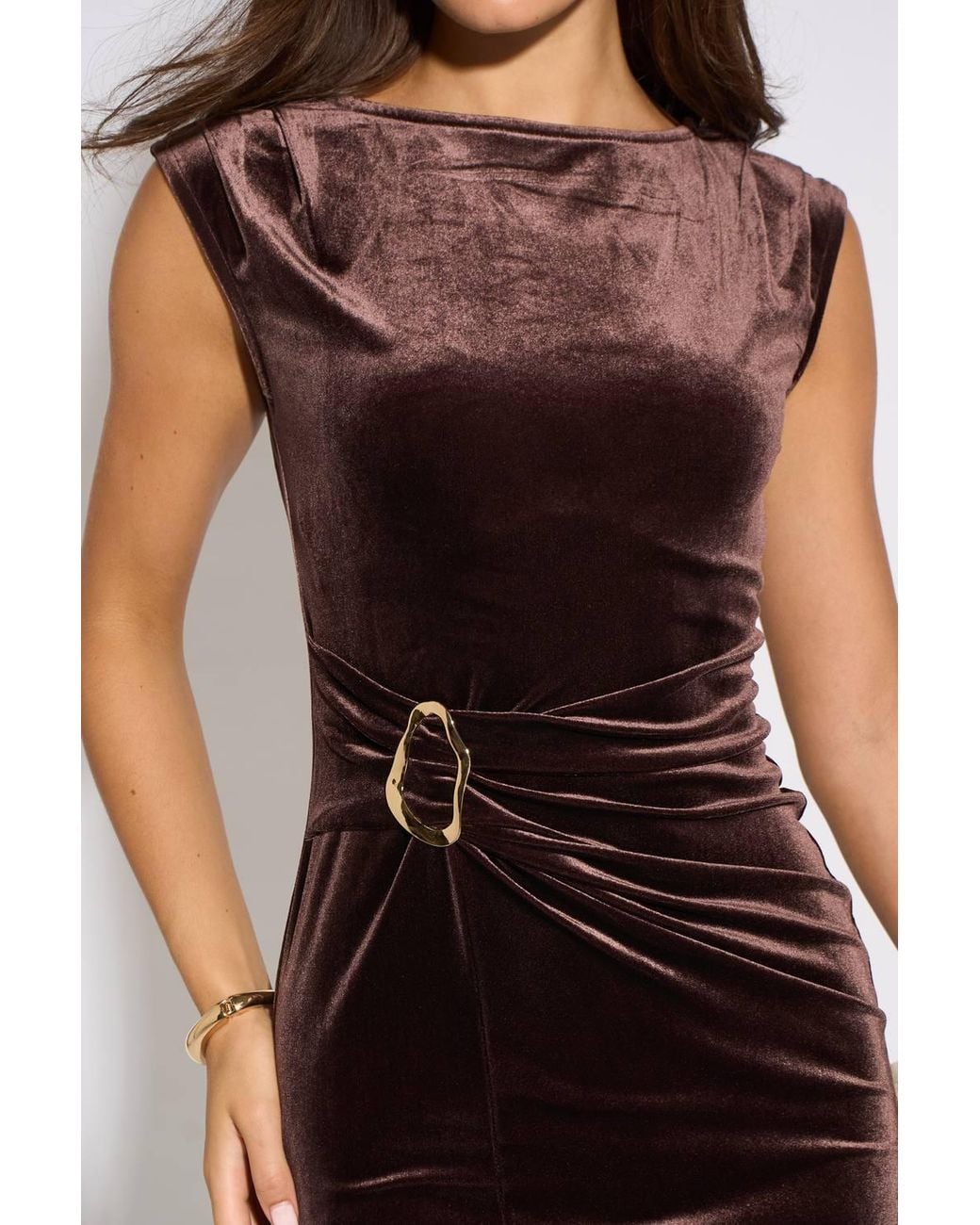 Gini London Brown Velour Hardware Detail Midi Dress